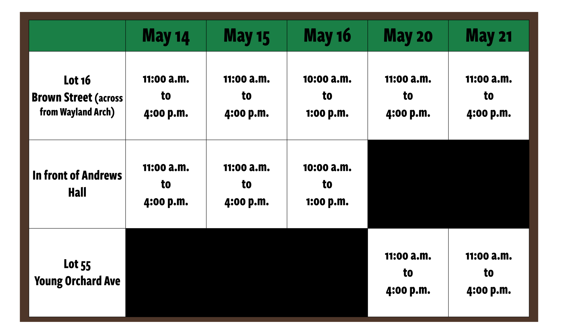 Schedule for Donation Days table, same information listed below