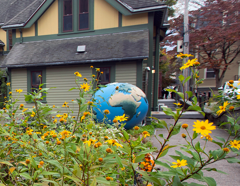 Globe sculpture in front of UEL